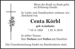 Traueranzeige Centa Körbl