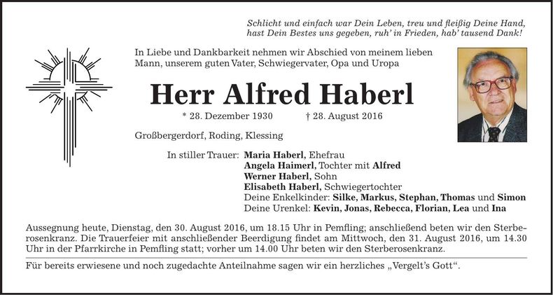 Traueranzeige Alfred Haberl