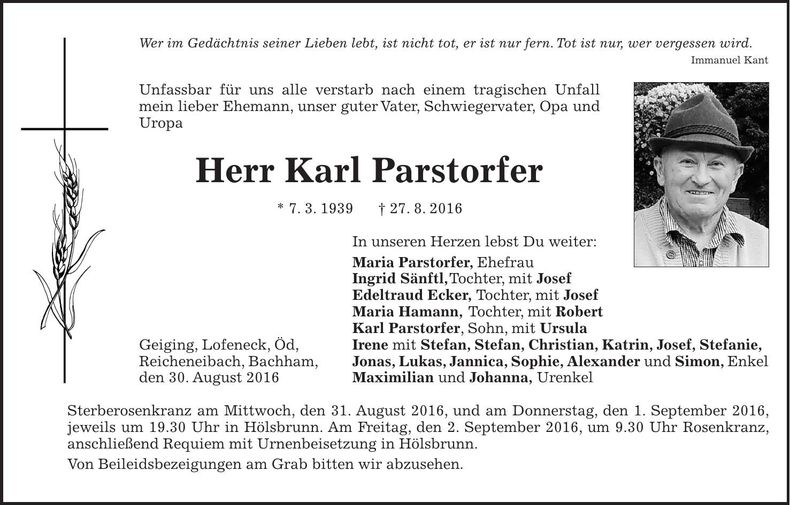 Traueranzeige Karl Parstorfer