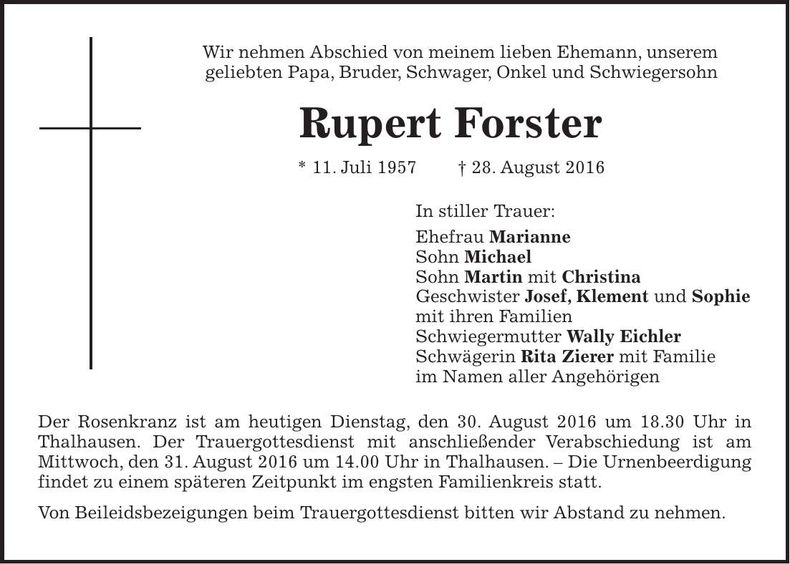 Traueranzeige Rupert Forster