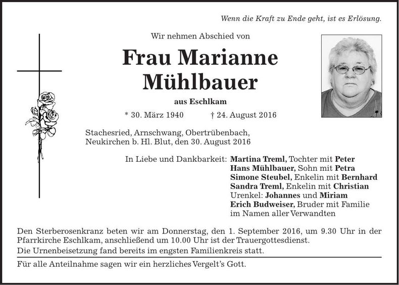 Traueranzeige Marianne Mühlbauer