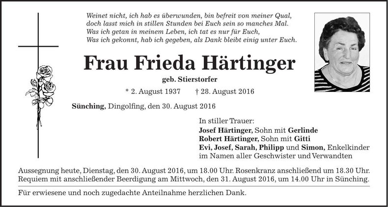 Traueranzeige Frieda Härtinger