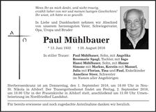 Traueranzeige Paul Mühlbauer
