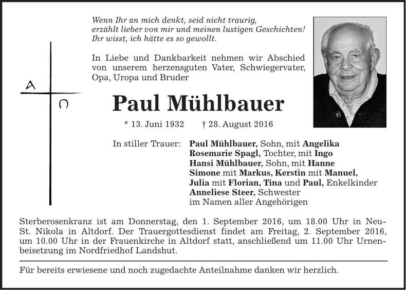 Traueranzeige Paul Mühlbauer