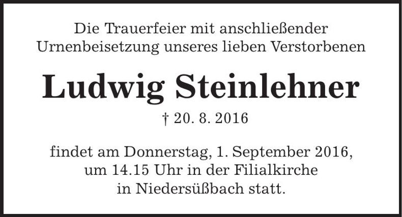 Traueranzeige Ludwig Steinlehner