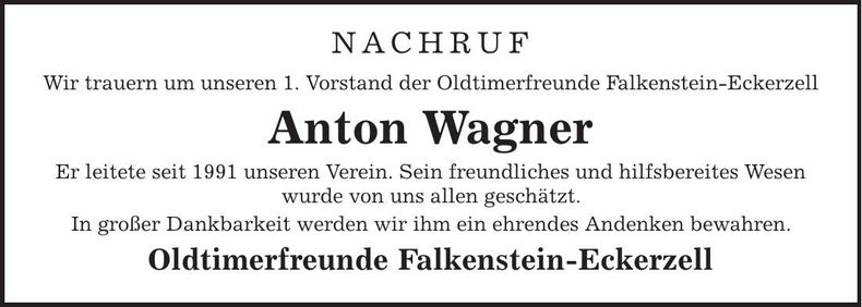 Traueranzeige Anton Wagner