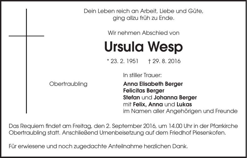 Traueranzeige Ursula Wesp