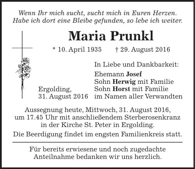 Traueranzeige Maria Prunkl