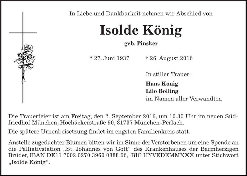 Traueranzeige Isolde König