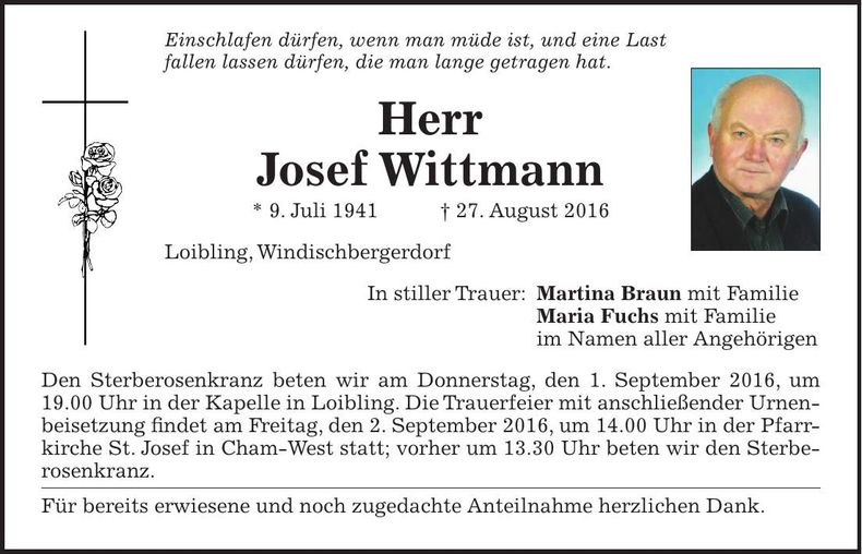Traueranzeige Josef Wittmann