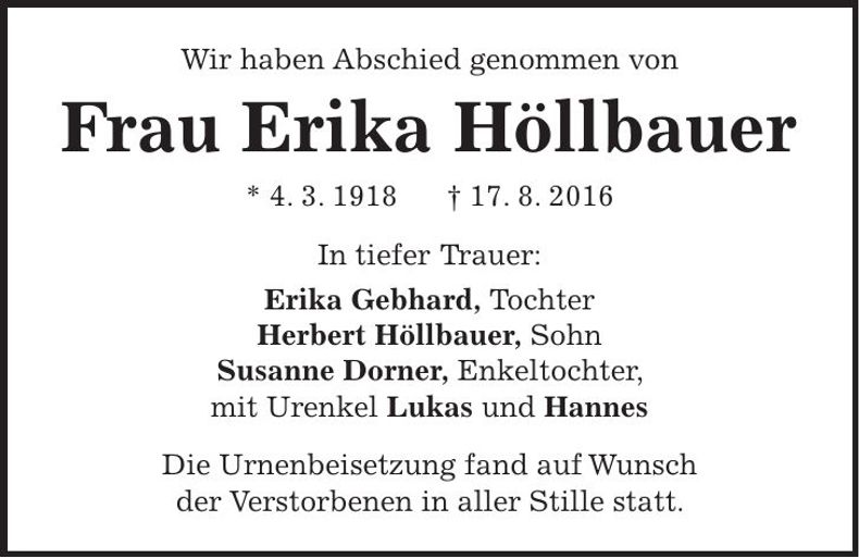 Traueranzeige Erika Höllbauer