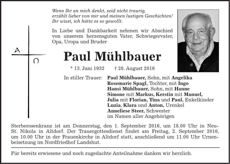 Traueranzeige Paul Mühlbauer