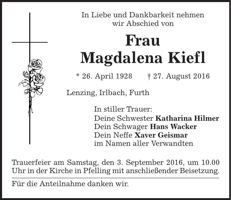 Traueranzeige Magdalena Kiefl