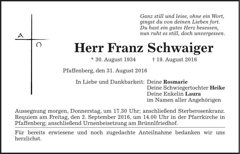 Traueranzeige Franz Schwaiger