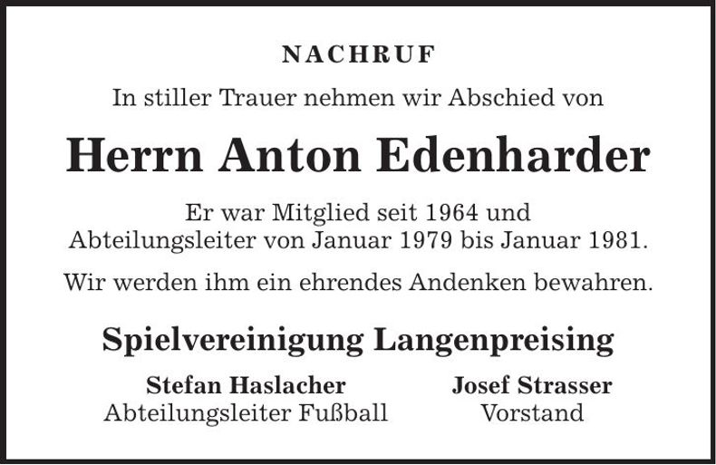 Traueranzeige Anton Edenharder