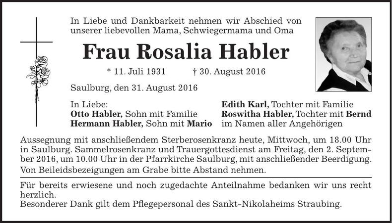 Traueranzeige Rosalia Habler