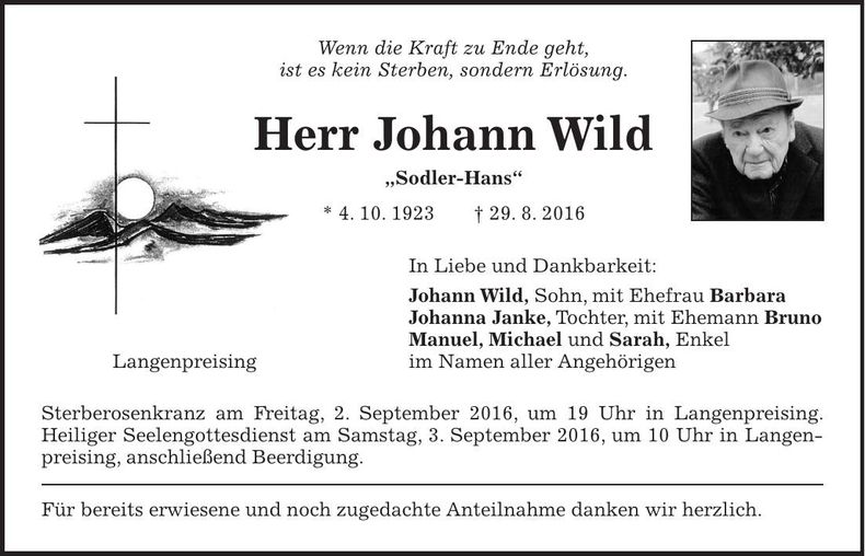 Traueranzeige Johann Wild