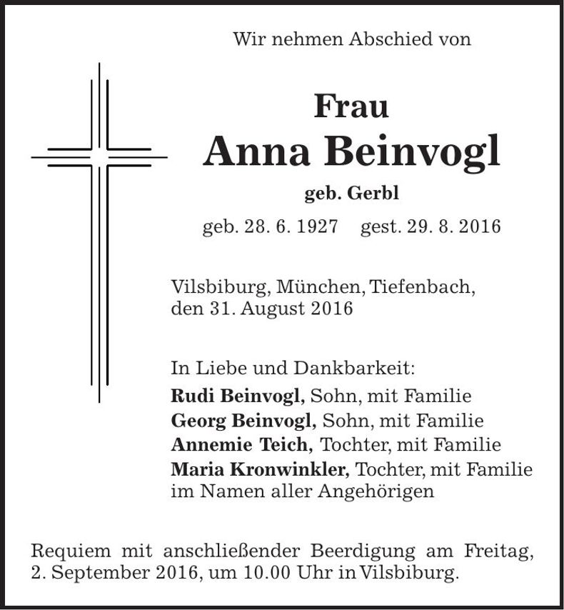 Traueranzeige Anna Beinvogl