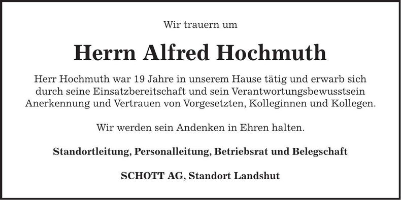 Traueranzeige Alfred Hochmuth