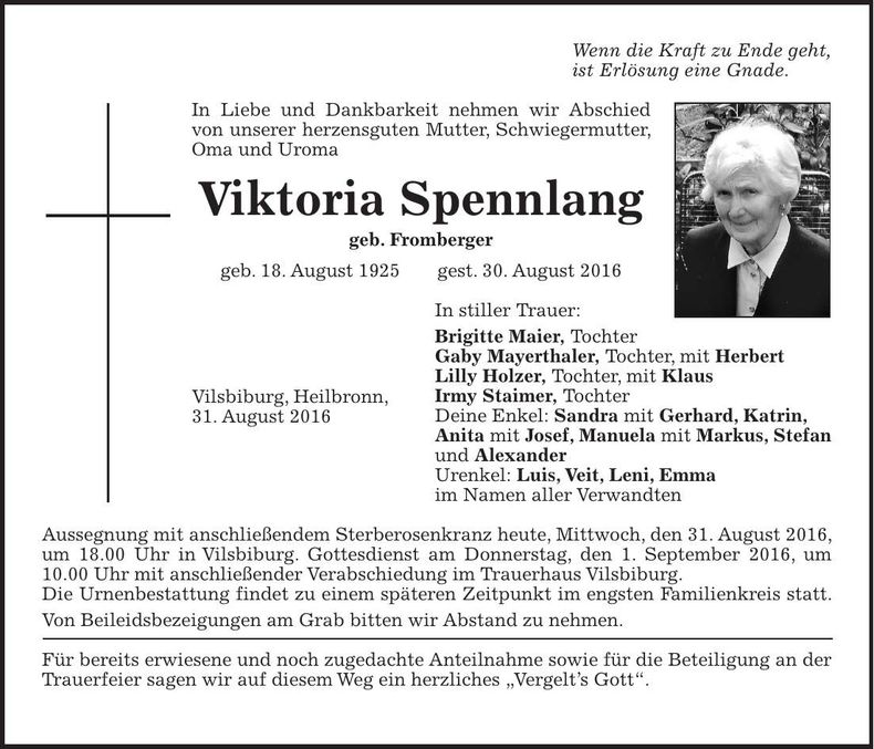 Traueranzeige Viktoria Spennlang