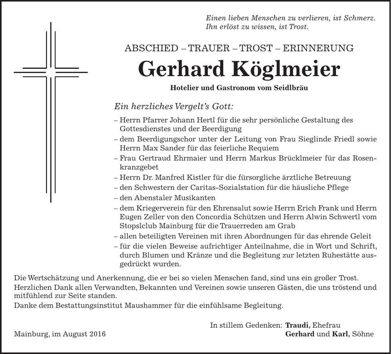 Traueranzeige Gerhard Köglmeier