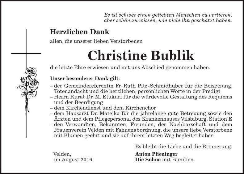 Traueranzeige Christine Bublik