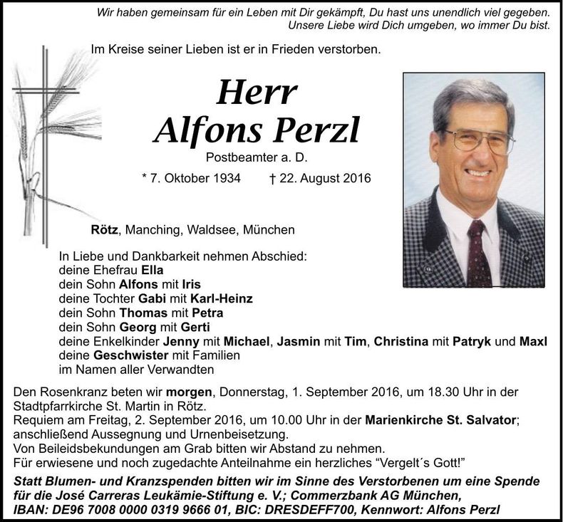 Traueranzeige Alfons Perzl