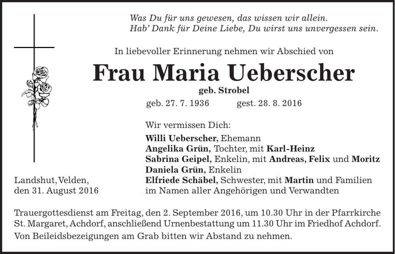 Traueranzeige Maria Ueberscher