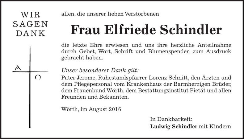 Traueranzeige Elfriede Schindler
