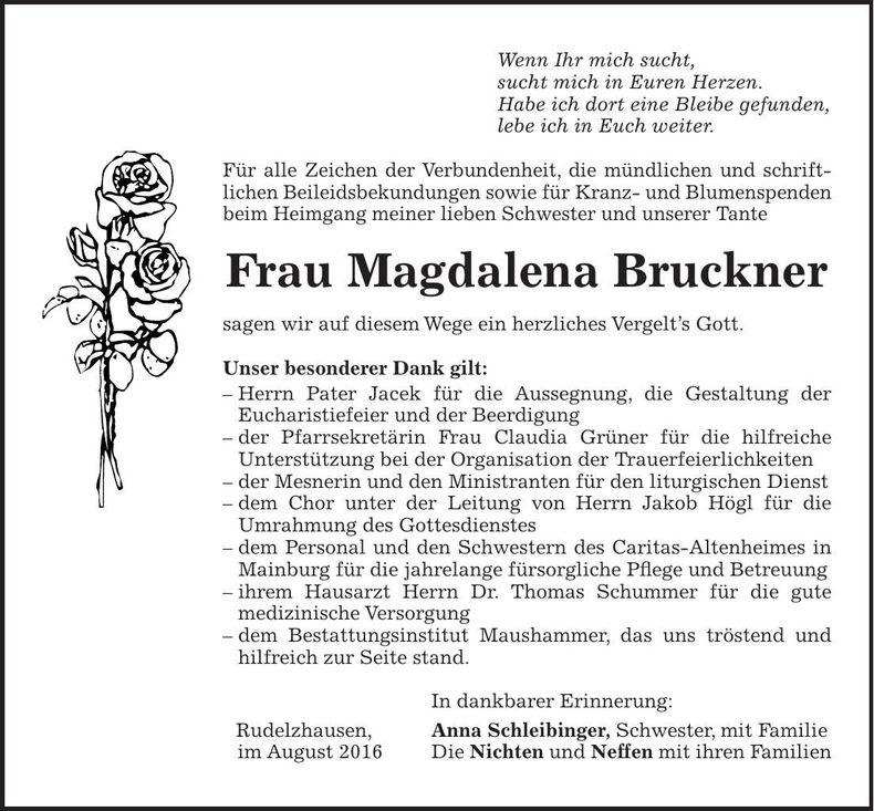 Traueranzeige Magdalena Bruckner