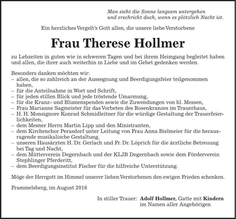 Traueranzeige Therese Hollmer