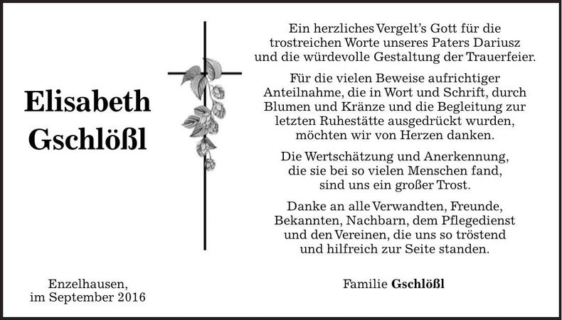 Traueranzeige Elisabeth Gschlößl