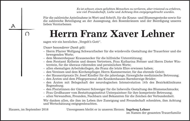 Traueranzeige Franz Xaver Lehner