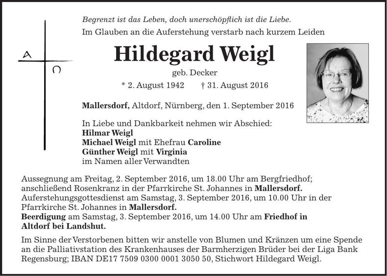Traueranzeige Hildegard Weigl