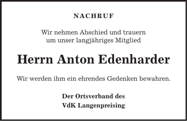 Traueranzeige Anton Edenharder