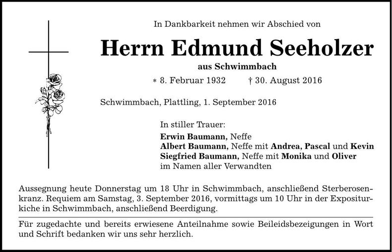 Traueranzeige Edmund Seeholzer