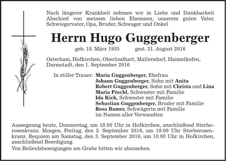 Traueranzeige Hugo Guggenberger