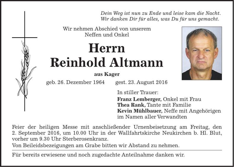 Traueranzeige Reinhold Altmann
