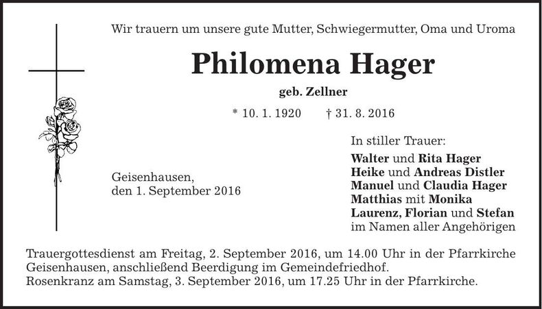 Traueranzeige Philomena Hager