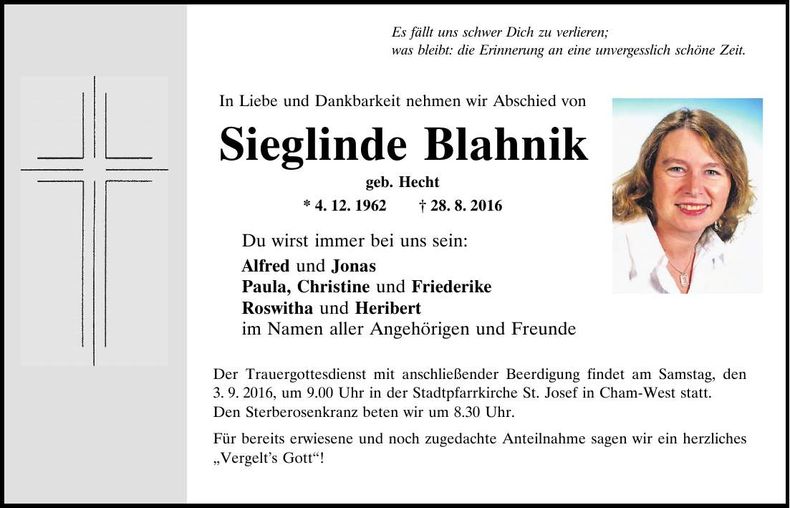 Traueranzeige Sieglinde Blahnik