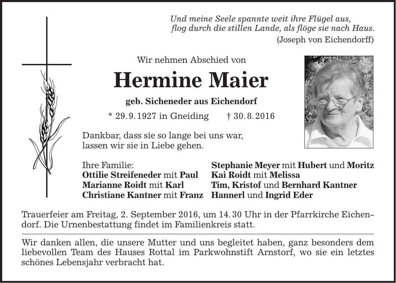 Traueranzeige Hermine Maier