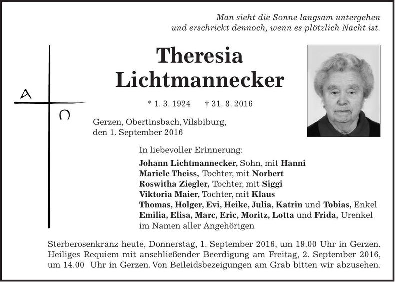 Traueranzeige Theresia Lichtmannecker