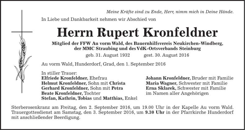 Traueranzeige Rupert Kronfeldner