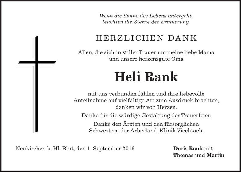 Traueranzeige Heli Rank
