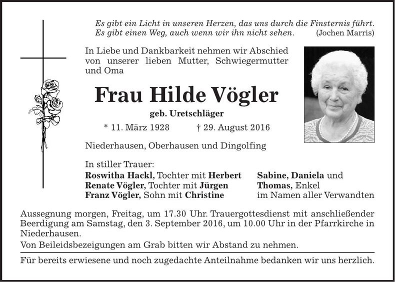 Traueranzeige Hilde Vögler
