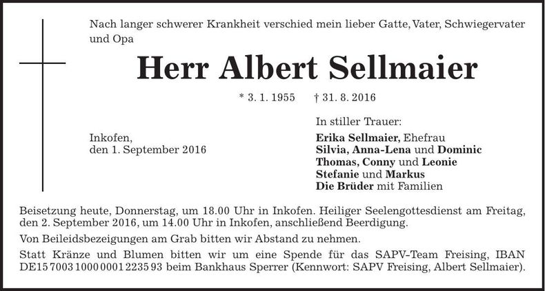Traueranzeige Albert Sellmaier