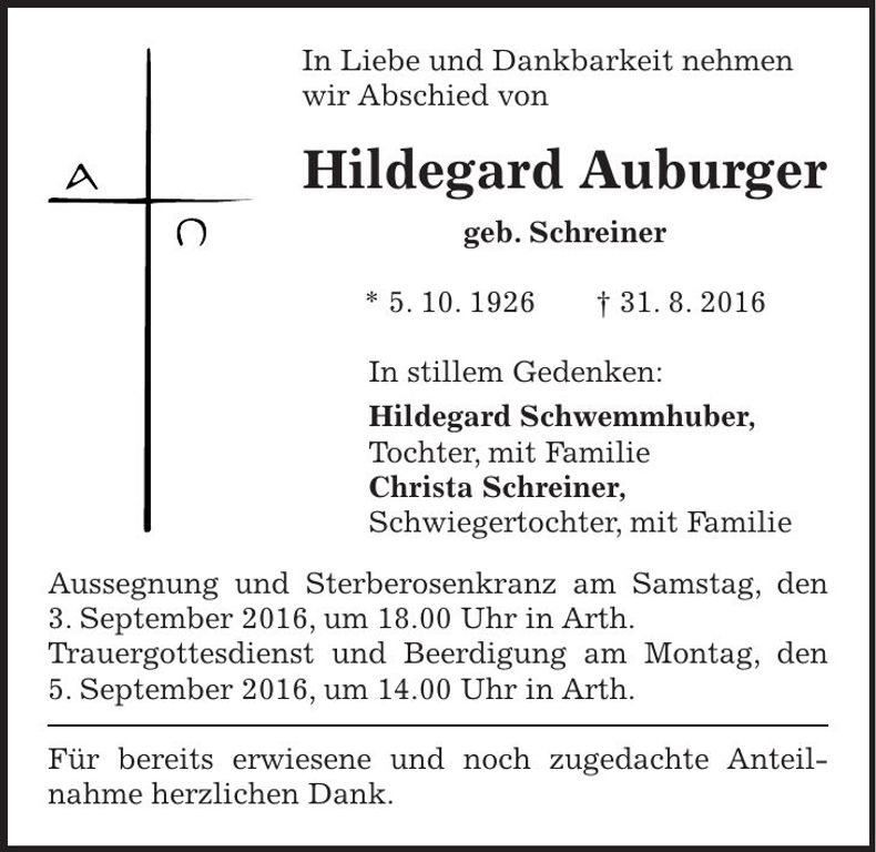 Traueranzeige Hildegard Auburger