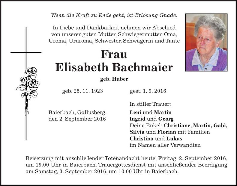 Traueranzeige Elisabeth Bachmaier