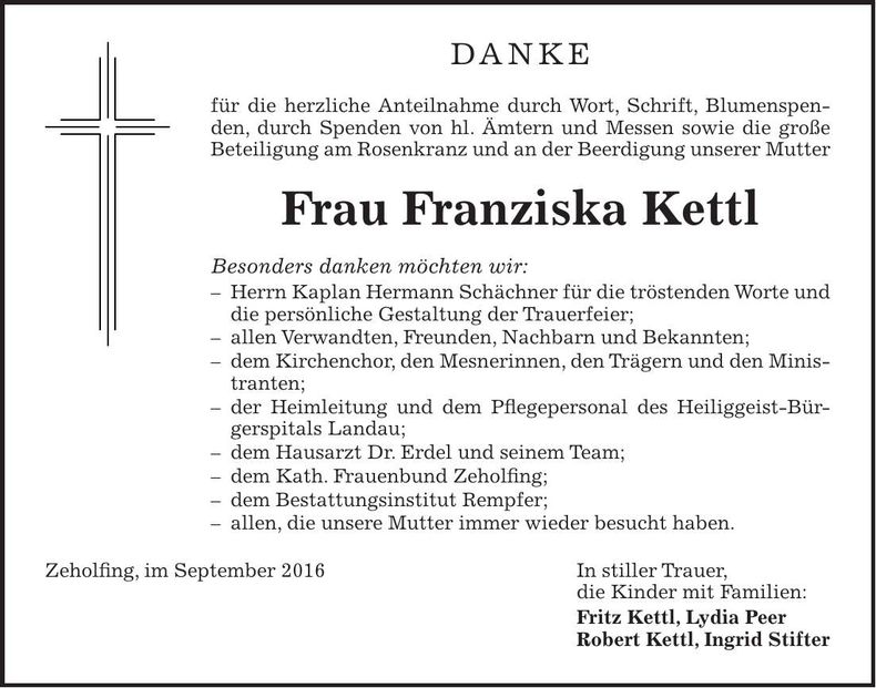 Traueranzeige Franziska Kettl