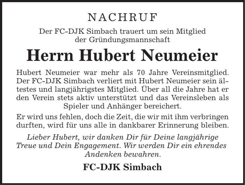Traueranzeige Hubert Neumeier